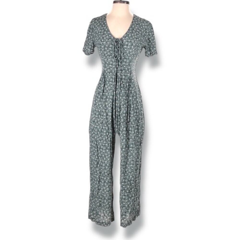 Vintage 90s All That Jazz Floral Rayon‎ Jumpsuit Lace Up Wide Leg Romantic Green